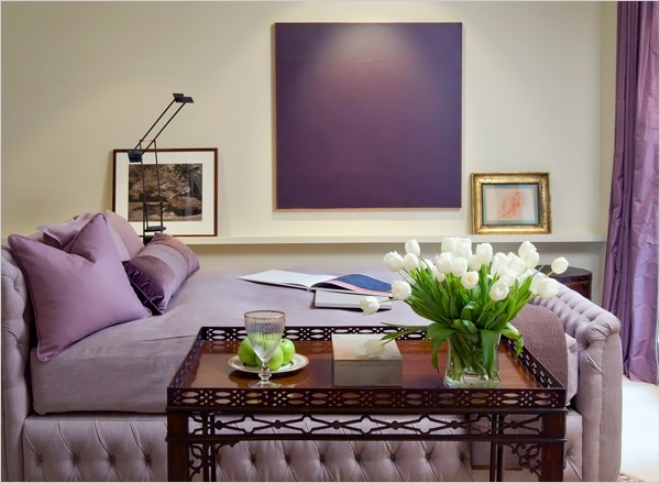 contemporary home interior design neutral colors purple accents furniture wall art