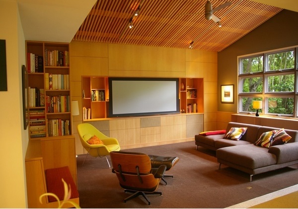 contemporary living room design slope ceiling wooden beams