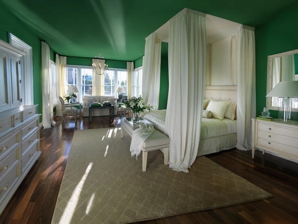 fabulous green ceiling white canopy bed