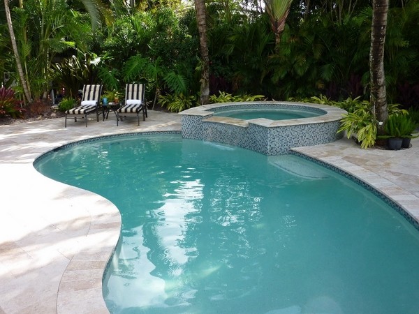 inground kidney shaped swimming pools spa area