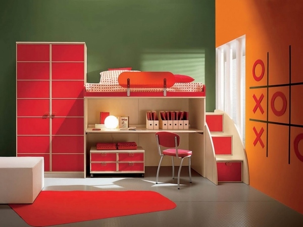 kids bedroom furniture ideas orange red color boys room bunk bed 