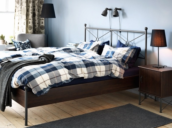 light blue wall color dark wood bed Ikea