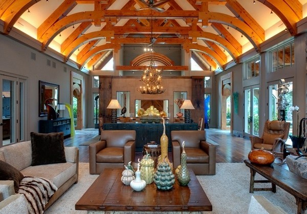 living room design vaulted open curved beams