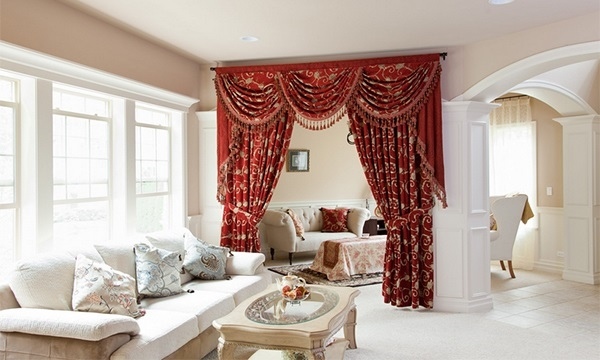 luxurious red drape curtains living room area divider