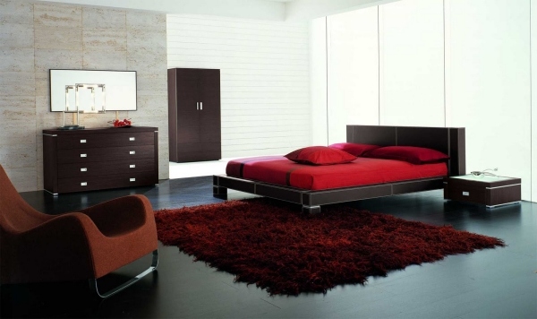 modern bedroom design red brown flokati carpet