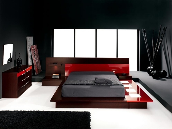 modern bedroom furniture platform red wood black walls 