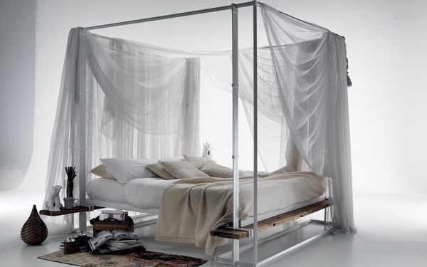 modern four poster bed metal frame white curtains