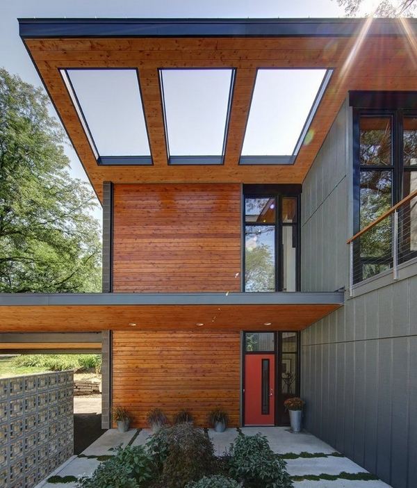 modern home architecture cantilevered wood roof skylight 