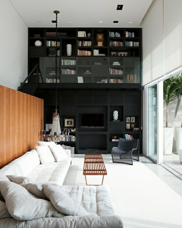 modern living room attic apartment bookshelf