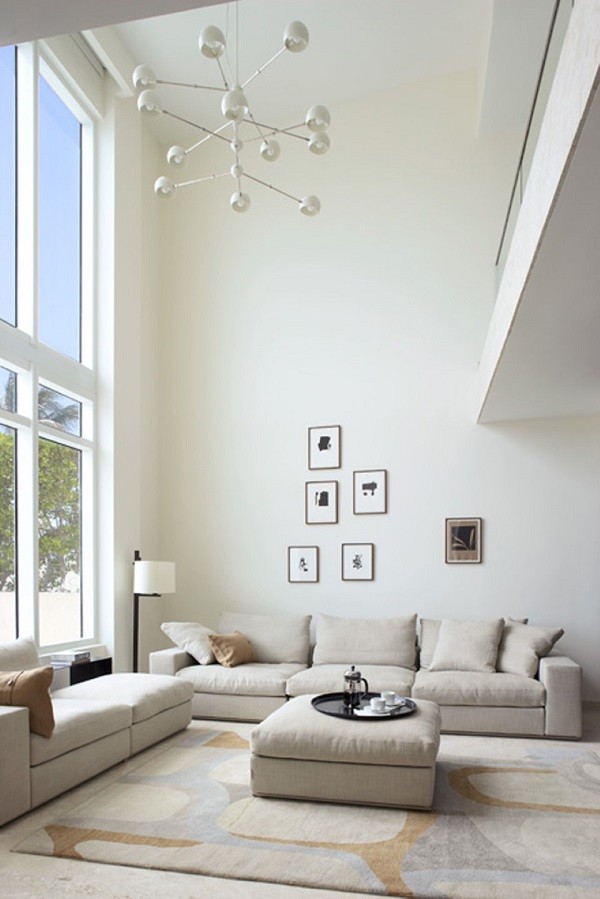 modern living room design pendant lamps wall art paintings