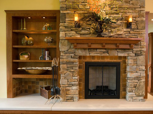 natural stone fireplace design ideas wooden mantel shelf