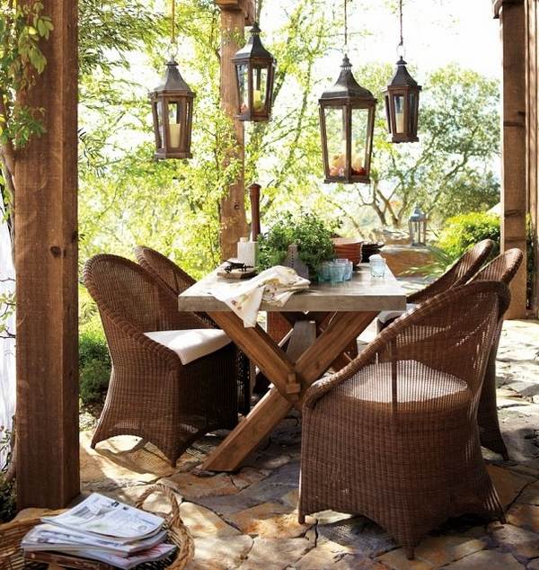 outdoor lighting ideas deck rattan furniture metal lanterns