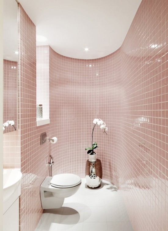 pastel pink tiles mirror recessed lighting