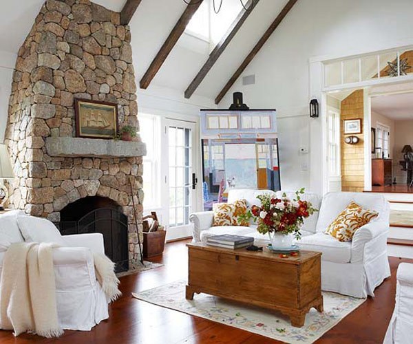 rustic style stone fireplace white living room