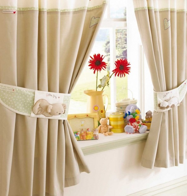 nursery room window curtain valances with fresh flower decoration