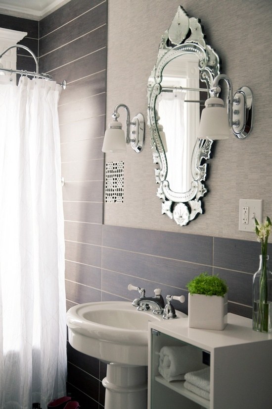 small bathroom ideas dark gray tiles mirror