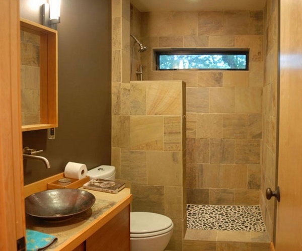 small space bathroom ideas natural stone partition wooden cupboard 
