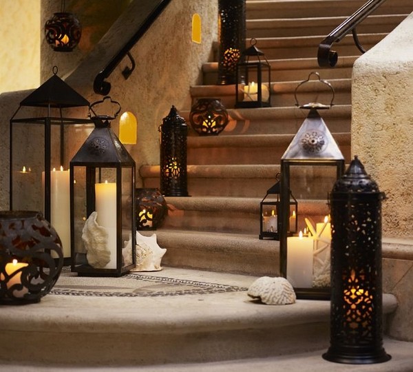 stairs outdoor lighting candle lanterns shells