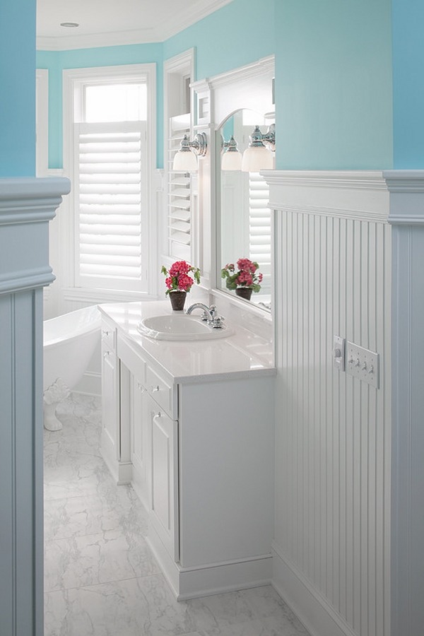 Bathroom bead board paneling white blue interior