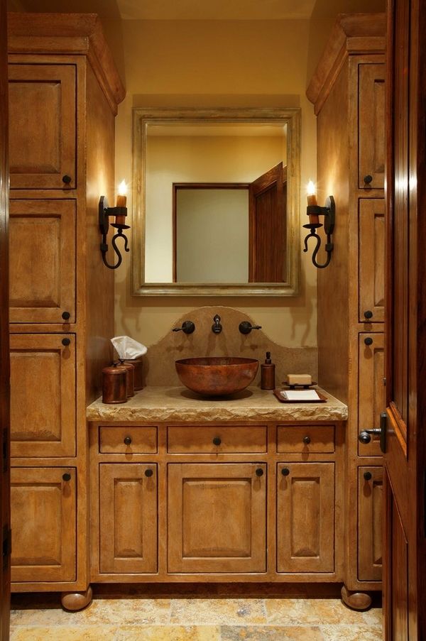 Bathroom-rustic-style-candle-bulb-sconces-wooden-vanity