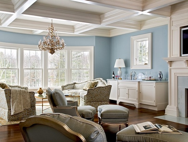 Bedroom design white coffer panels pale blue walls