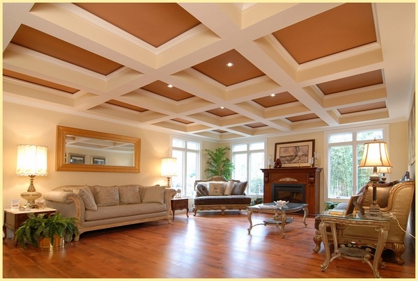 Cofferred ceiling crown molding and recessed lighting