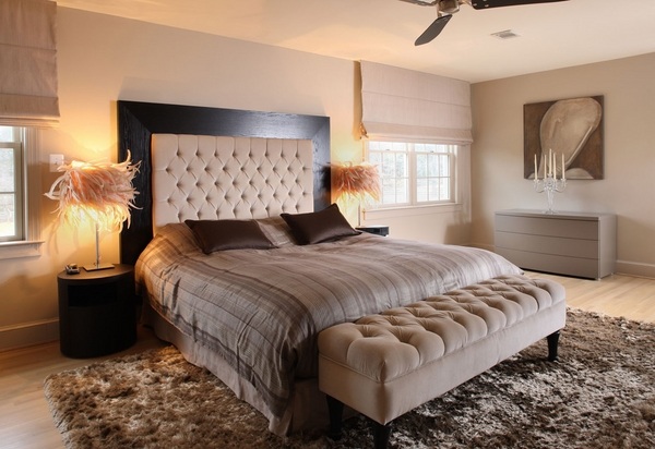 Contemporary-bedroom-in-beige-and-brown-with-DIY-tufted-headboard