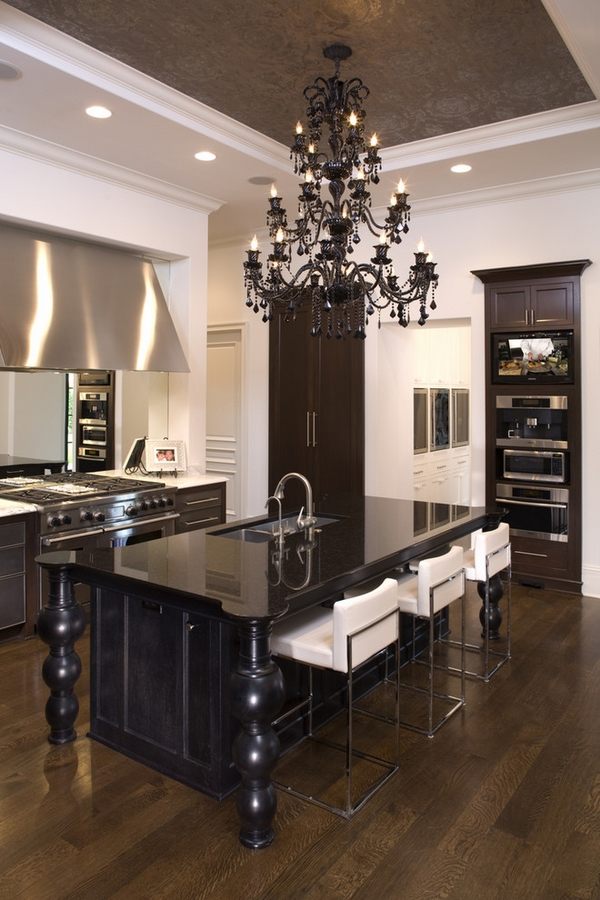 Contemporary kitchen stunning black crystal chandelier