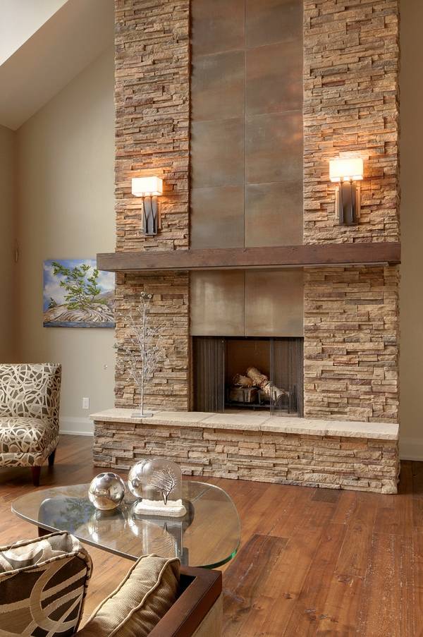 Contemporary living room stacked wooden mantel