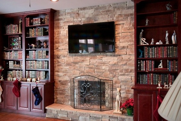 Family with bookshelves