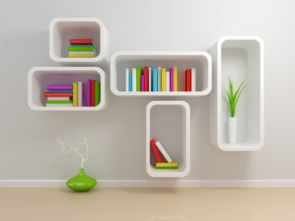 Futuristic wall mounted bookshel white color