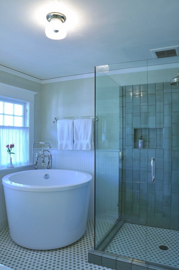Japanese-soaking-tub-small-bathroom-marble mosaic tile flooring
