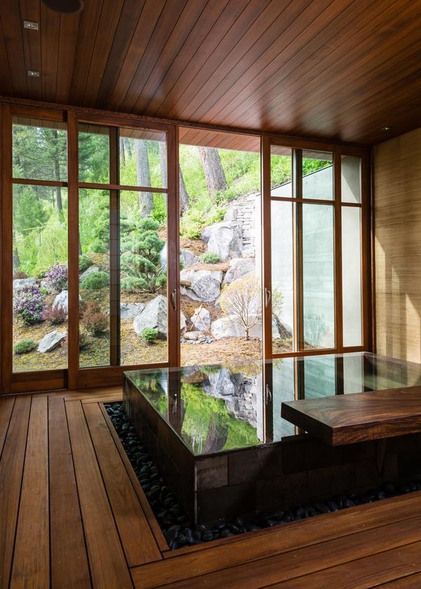 Japanese style bathroom soaking tub wood deck