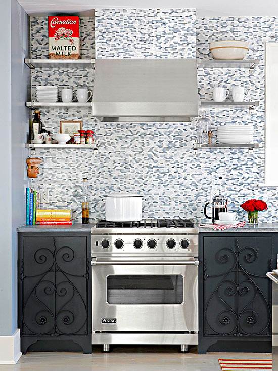 Kitchen backsplash tiles ideas marble tiles blue gray open shelves