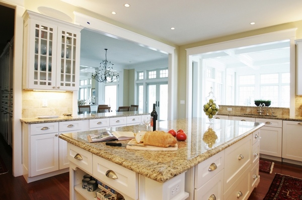 Kitchen remodeling ideas recessed ceiling lighting glass front cabinets-Santa-Cecilia-granite-kitchen-island
