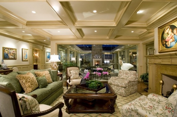 Living room ceiling design white coffers suspended lighting