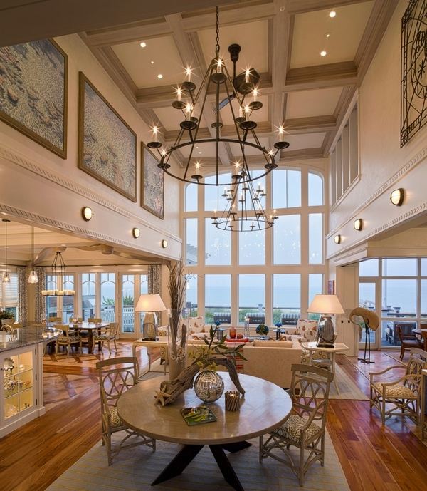 Living room design coffered ceiling lighting ideas chandelier suspended lighting