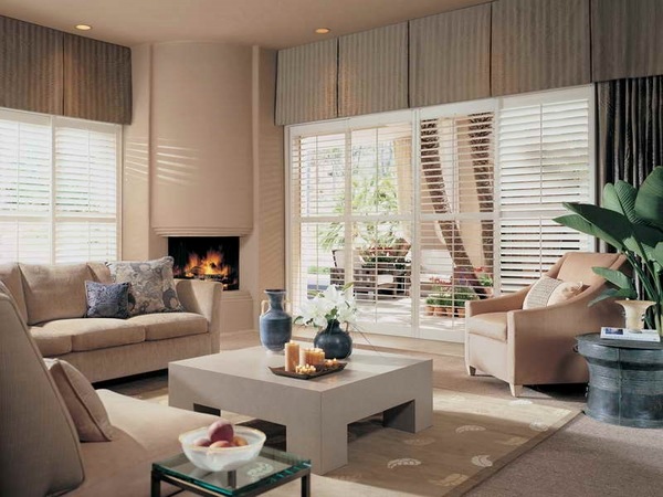 Living rooms with fireplace plantation window shutters