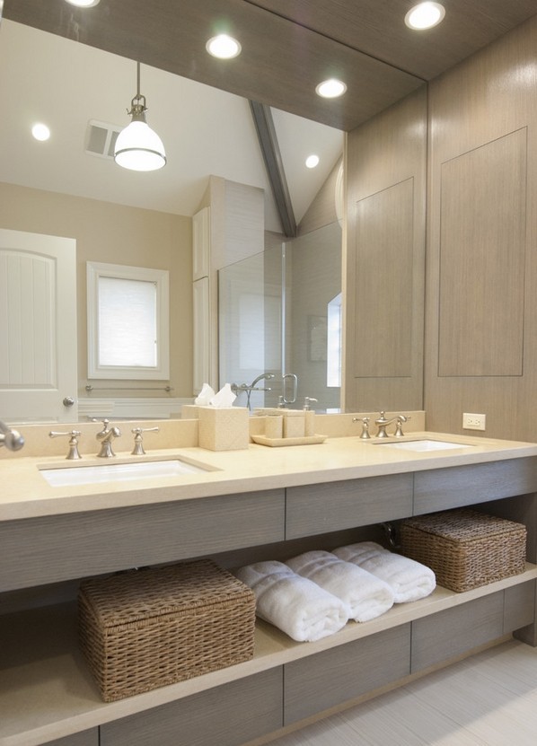Modern-bathroom-vanities-with open storage shelves recessed lighting