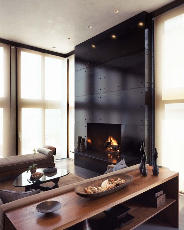 Modern-fireplace -surrounds-black panels contemporary home interior