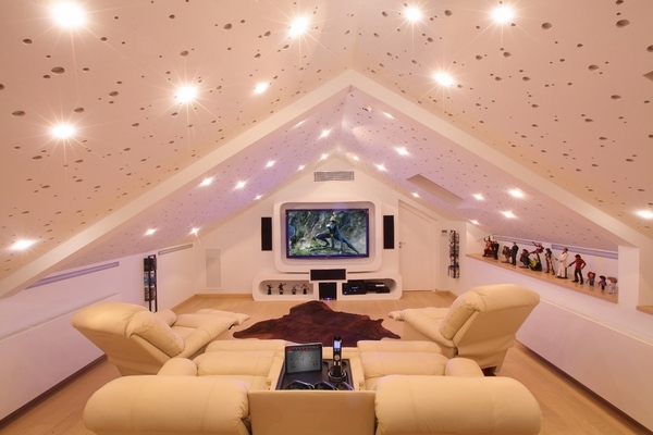 Modern home theater with recessed lighting acoustic