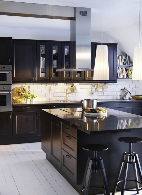 Modern kitchen design dark cabinets white subway tile backsplash