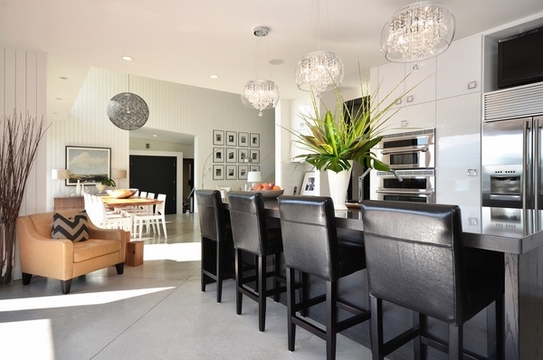 Modern kitchen design small crystal chandeliers leather stools