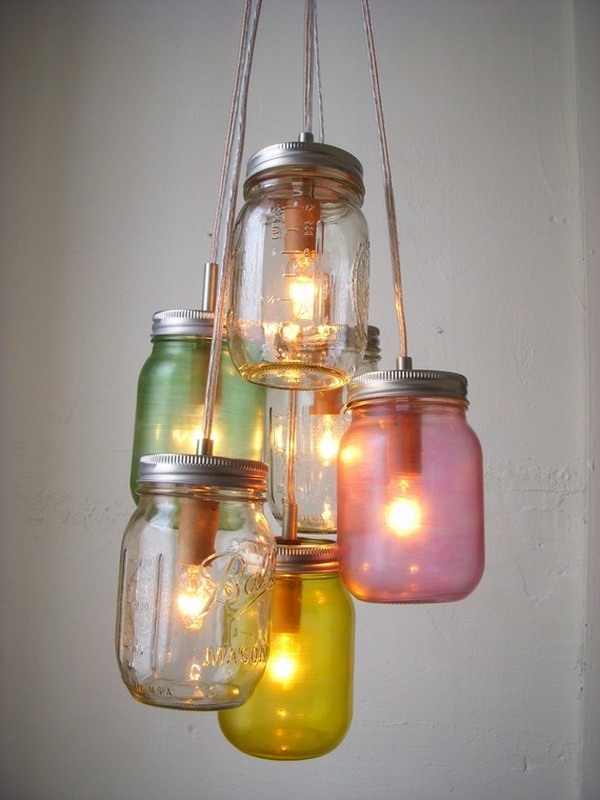 Pretty hanging mason jar chandelier pastel colors light