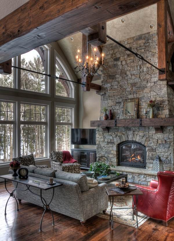 Rustic- fireplace-mantels-wood natural stone living room decorating ideas