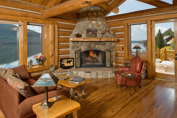 Rustic living room stone -fireplace-screens-with-doors