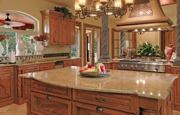Santa Cecilia-granite-countertops-rustic cherry cabinets kitchen decor ideas