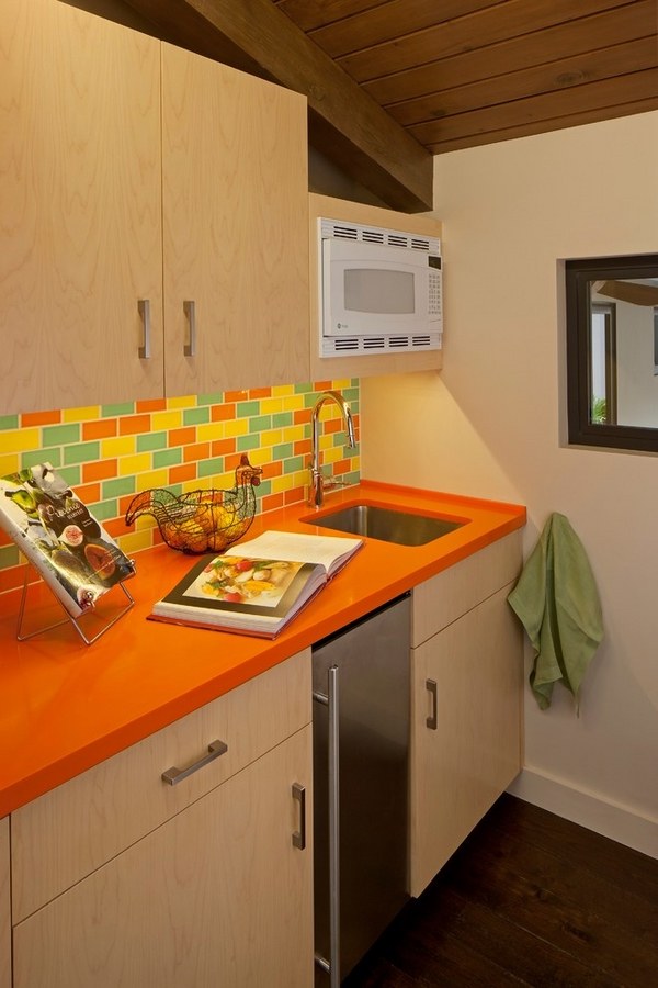 Small kitchen design colorful subway tiles backsplash