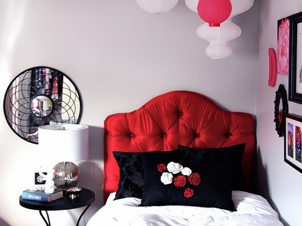 Small red diy tufted headboard bold color accent bedroom decor