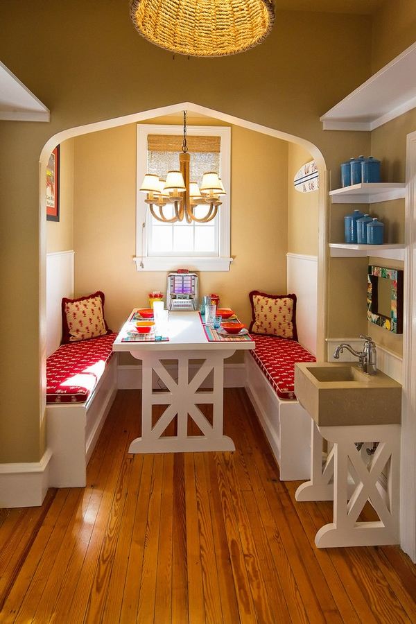 breakfast-nook-ideas-dining set white table benches red padding